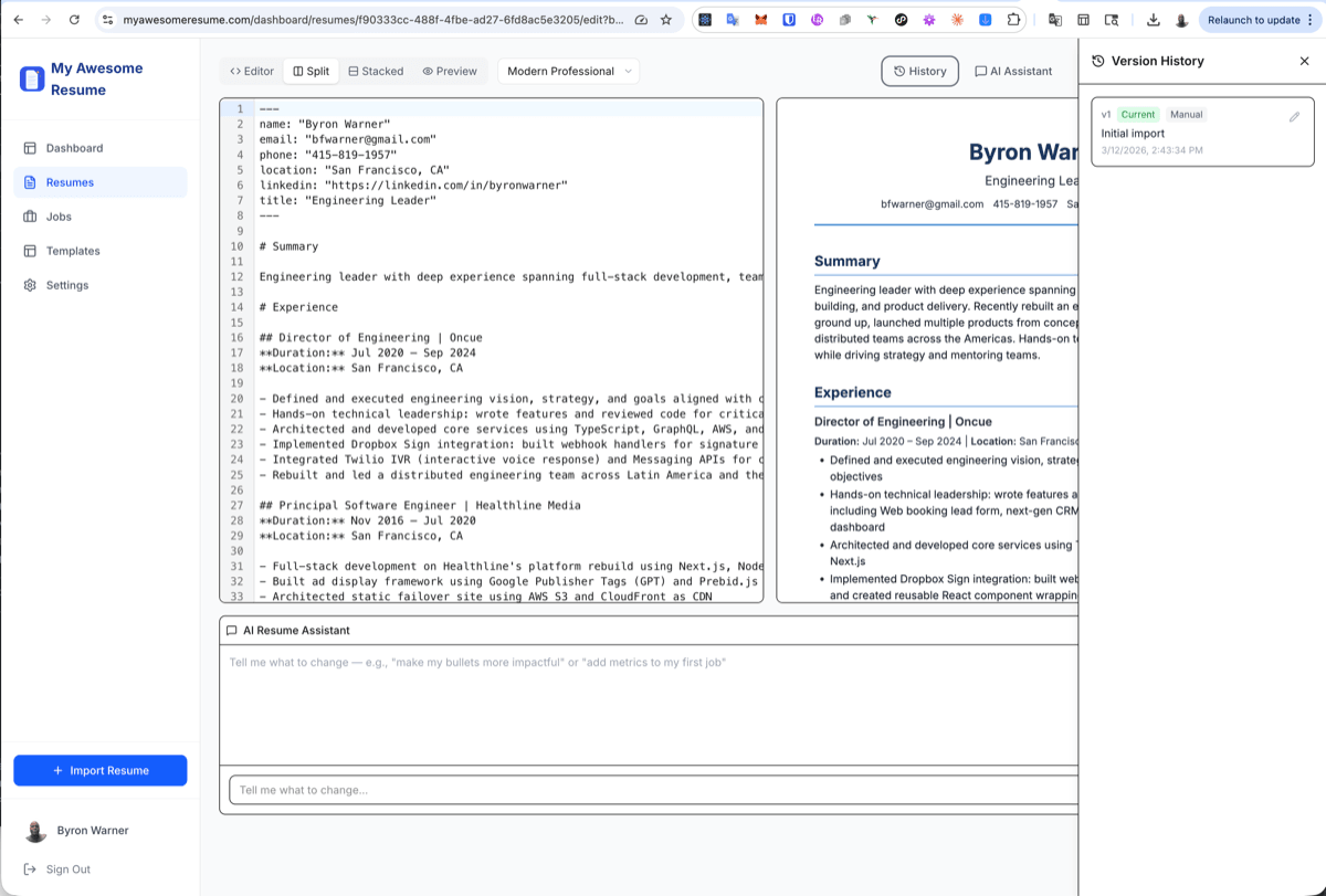 The version history panel listing saved resume versions with timestamps.