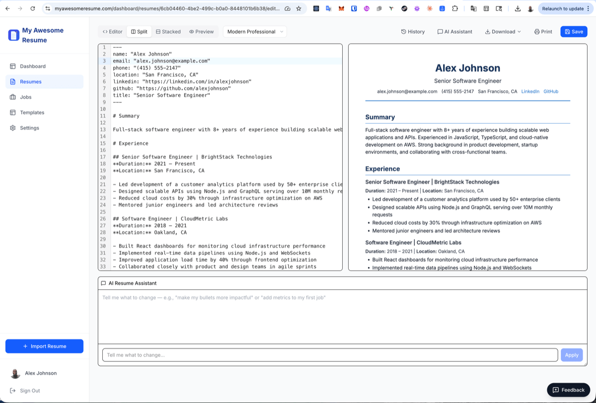 The resume editor: structured content on the left, a polished live preview on the right, with the AI assistant below.