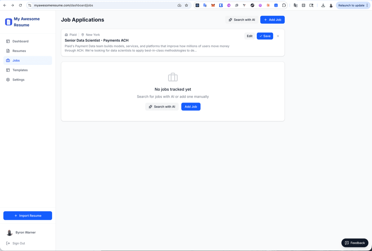 The job applications board showing saved roles and their status.
